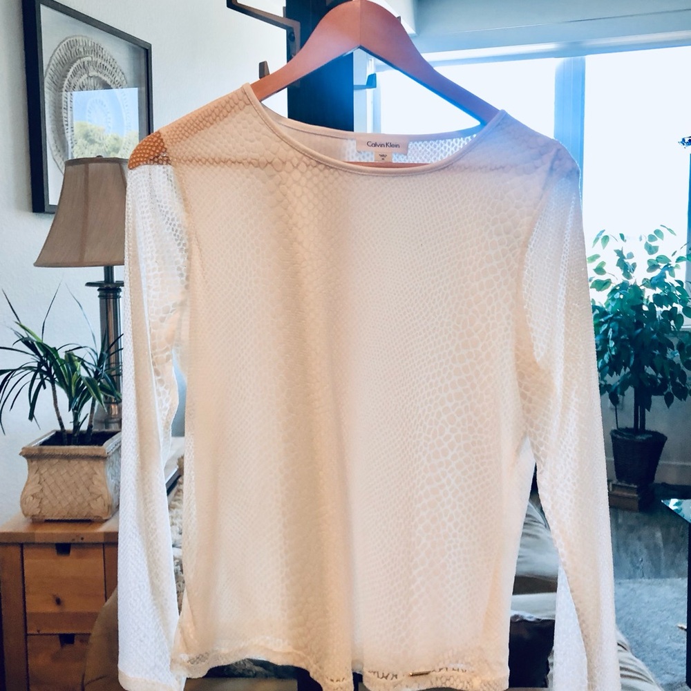 Sale! CALVIN KLIEN White Sheer Subtle Animal Print Textured Long Sleeve Top
